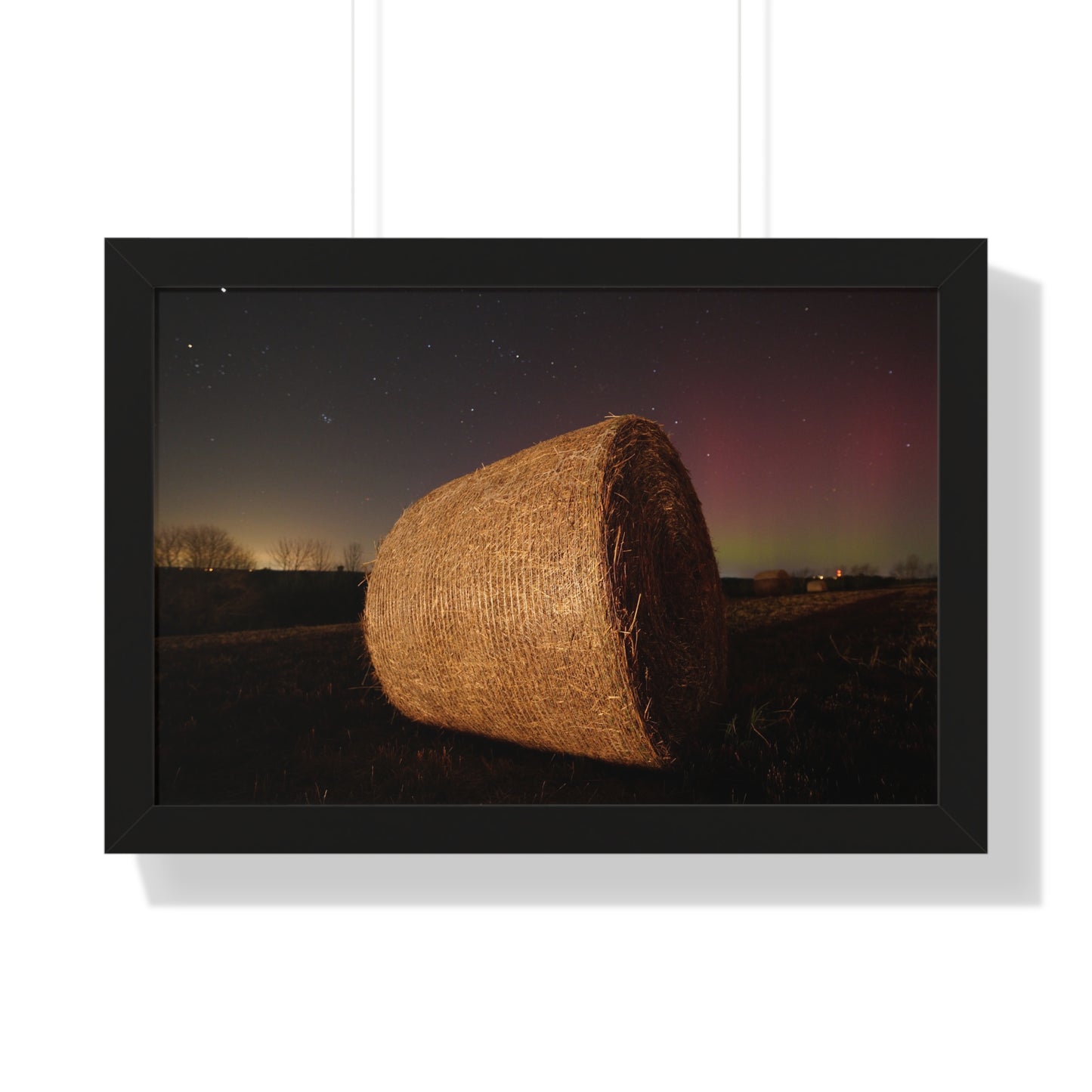 Rustic Farmhouse Framed Poster - Starry Night with Hay Bale Decor