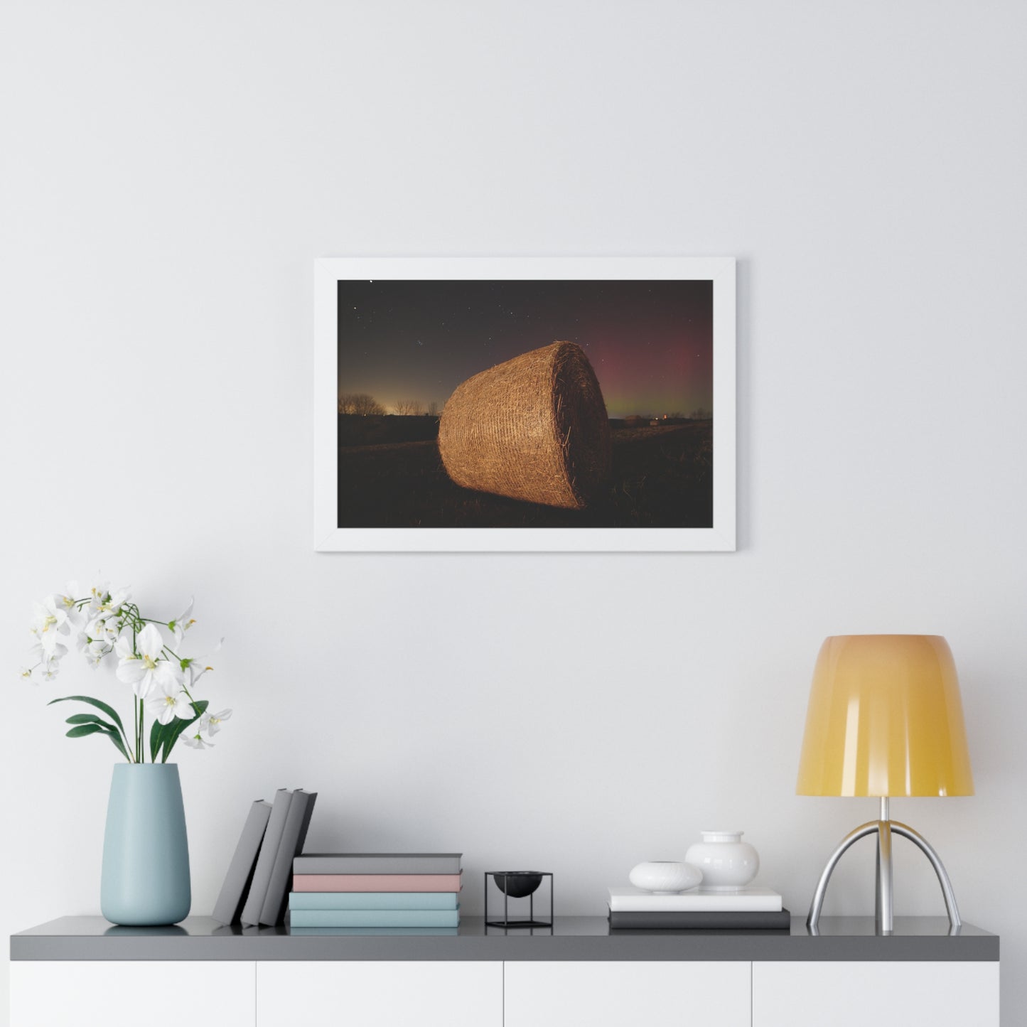 Rustic Farmhouse Framed Poster - Starry Night with Hay Bale Decor