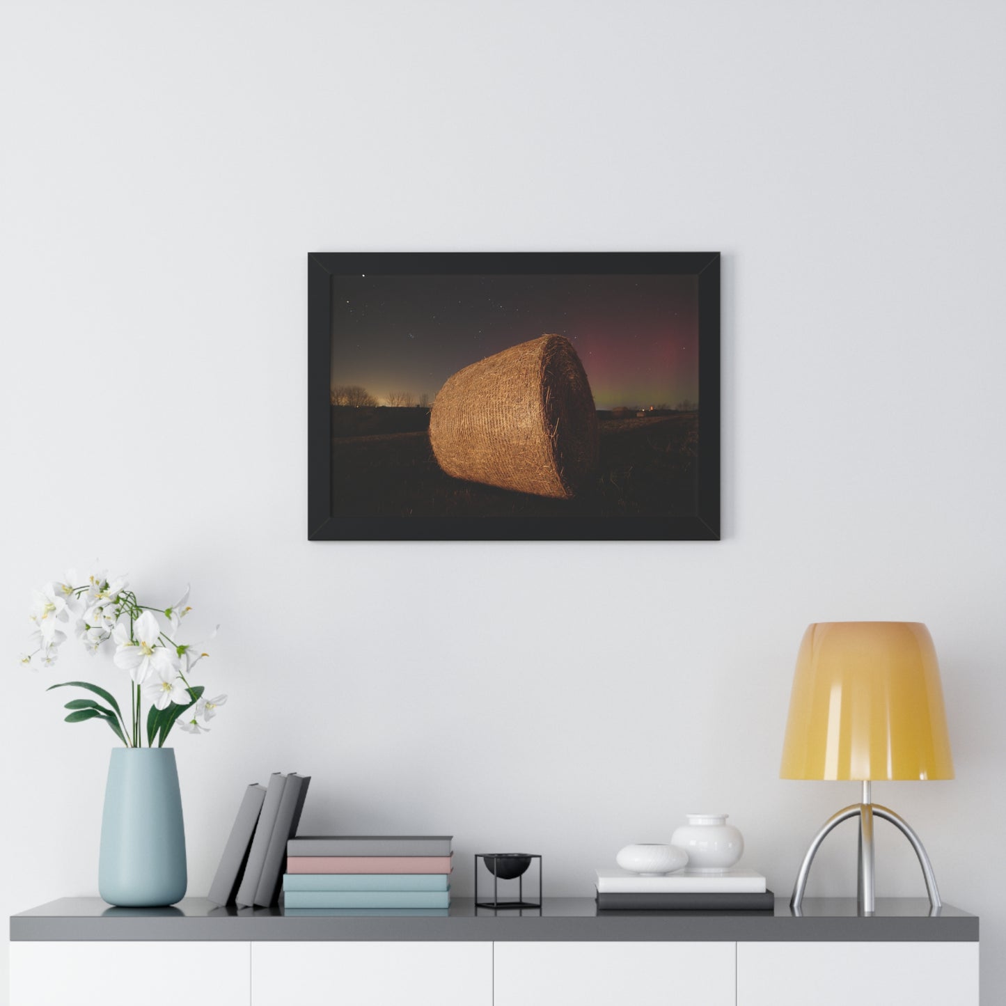 Rustic Farmhouse Framed Poster - Starry Night with Hay Bale Decor