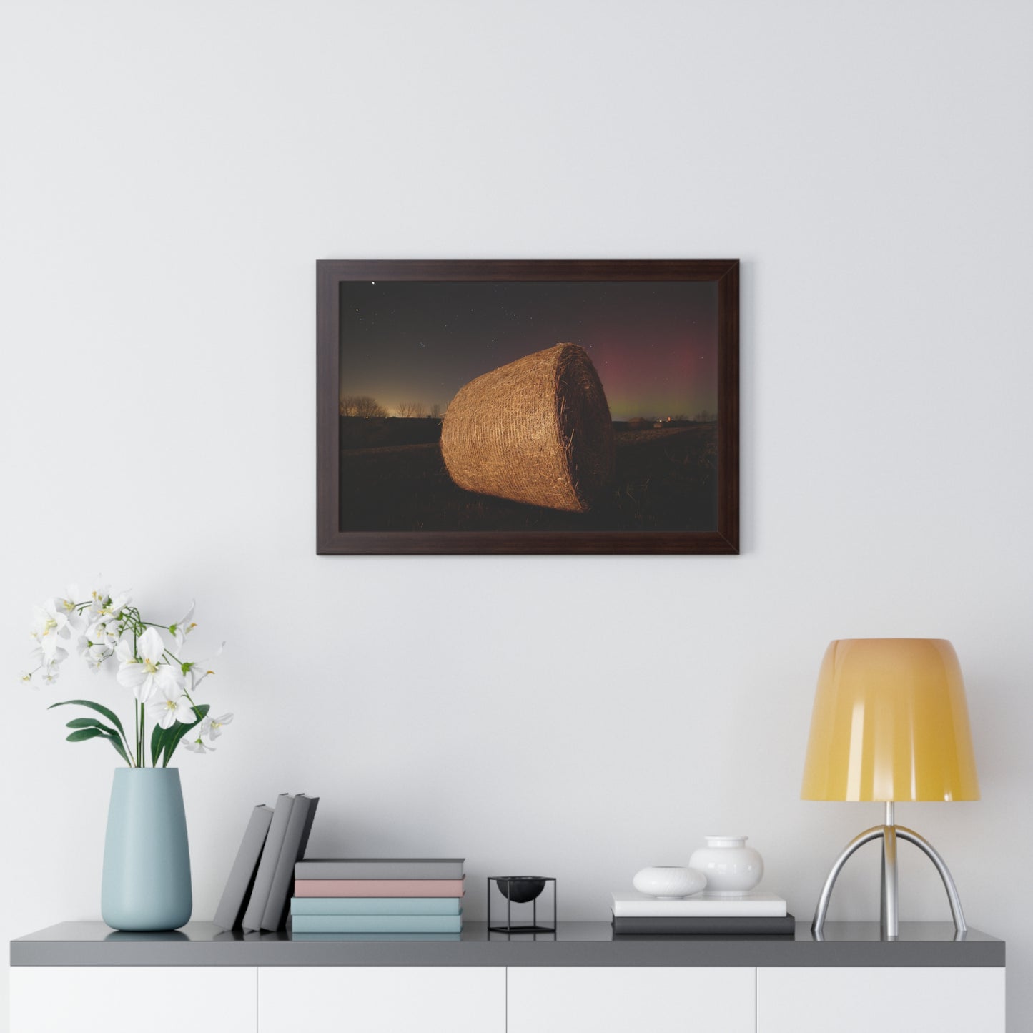 Rustic Farmhouse Framed Poster - Starry Night with Hay Bale Decor