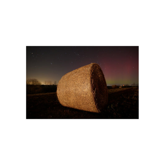 Poster - Northern Lights over Hay Bails Fine Art Print